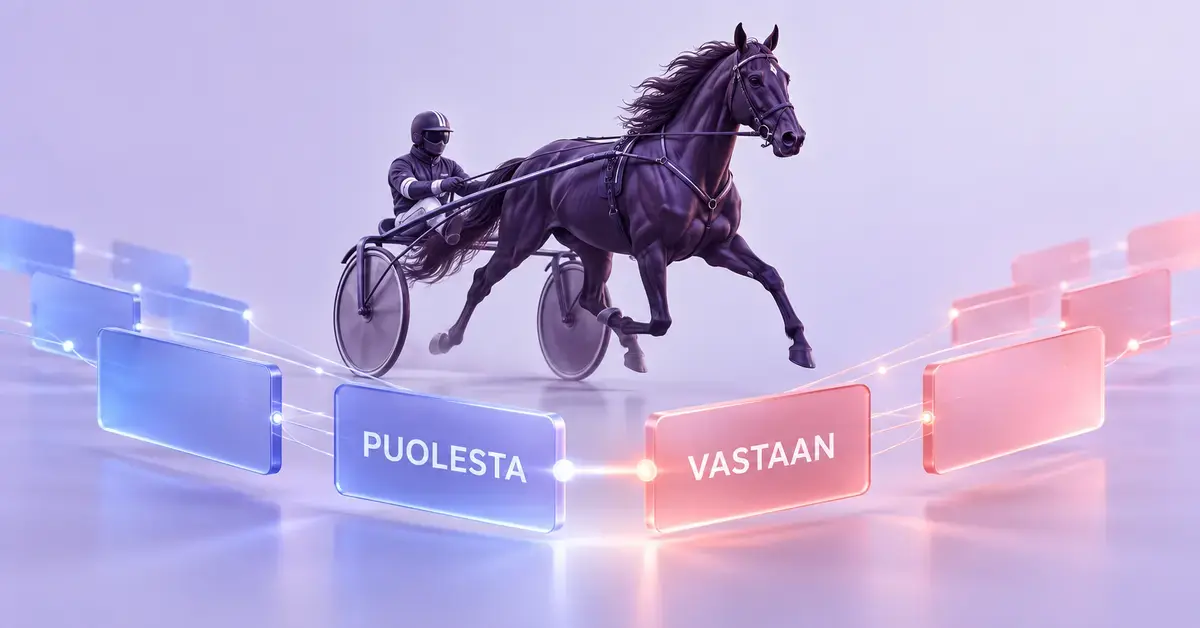 Ravihevonen ja ohjastaja sekä toisiinsa yhdistyvät puolesta- ja vastaan-vedonlyöntitarjoukset havainnollistavat vedonlyöntipörssin toimintaa.